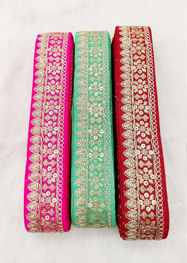 Green Art Silk Fabric Trim With Gold Floral Embroidery, Floral Sequins Sari Border, Trim By 9 Yards